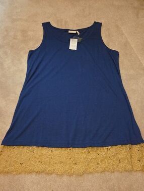 LOGO LAVISH Navy Blue Tank with Gold Lace Hem